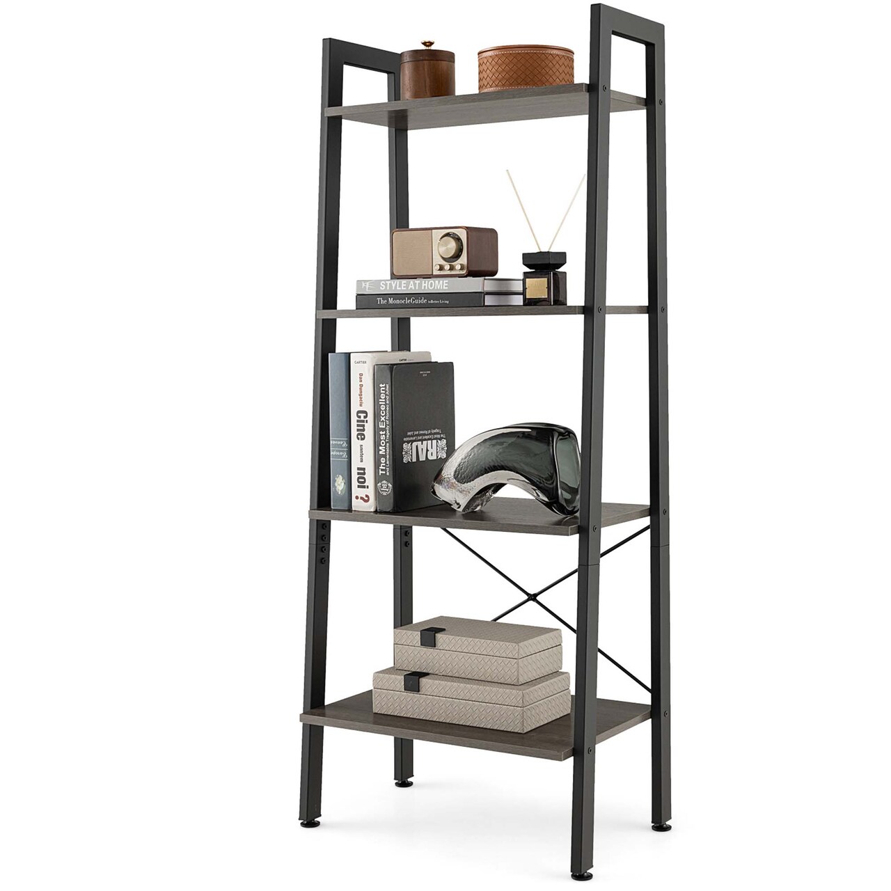 Costway 4-Tier Bookshelf Industrial Display Storage Shelf Plant Flower Stand Metal Frame Brown/Gray